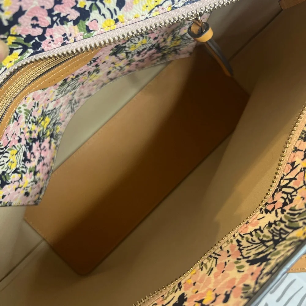 Tory Burch Pink Floral Tote with Tan Leather Trim